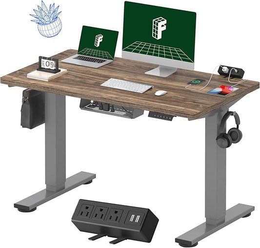 FLEXISPOT EN2 Whole-Piece Standing Desk with Clamp Power Strip, 48 x 24 Electric Stand Up Height Adjustable Desk with Cable Management (Gray Frame + 48" Black Walnut Desktop, 2 Packages)