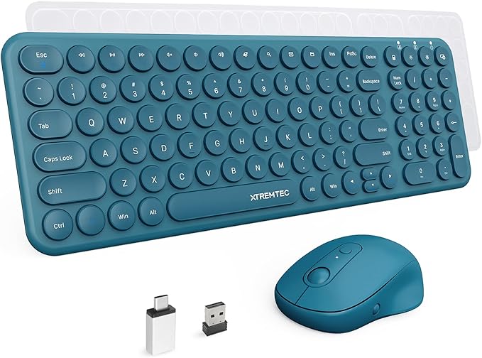 XTREMTEC Slim Wireless Keyboard and Mouse Combo, 2.4G USB Quiet Low-Profile Retro Round Typewriter Computer Keyboard and Ergonomic Mouse Set for Laptop/PC/iMac/Computer,PlugandPlay (Navy Blue)