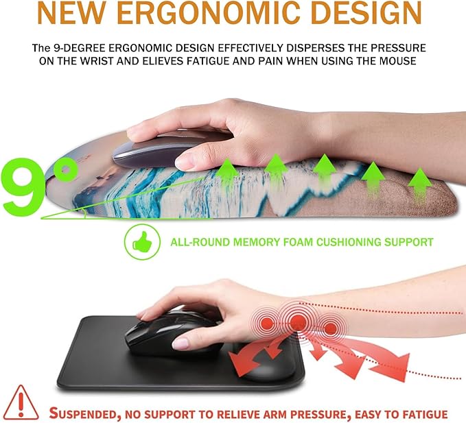 Ergonomic Mouse Pad Wrist Support,Upgrade Mousepad with Massage Design,Non-Slip PU Base Desktop Mouse Pads for Pain Relief, Computer, Office & Home,12 x 8 in（F-Sunrise Beach）