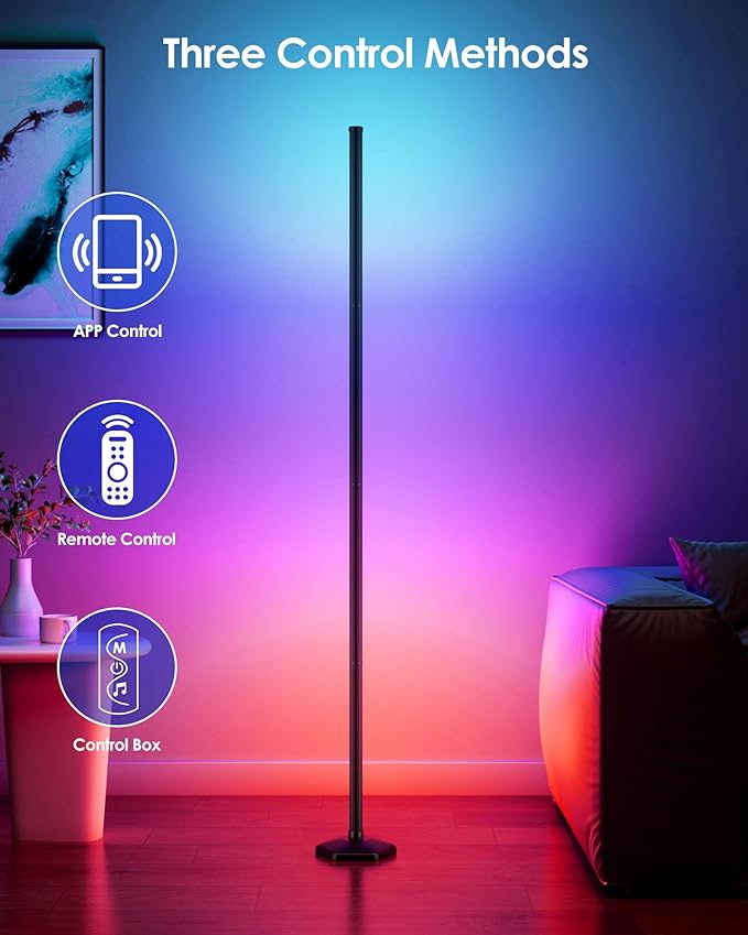 Smart RGB LED Corner Floor Lamp with App and Remote Control, 65" Color Changing Standing Lamp with Music Sync and 16 Million DIY Colors, Modern Floor Lamps for Bedroom Living Room Gaming Rooms