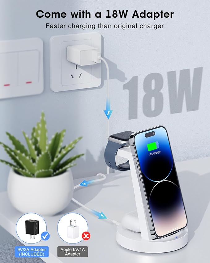 3 in 1 Charging Station for Apple Device, Wireless Charger for iPhone 16 15 14 13 12 11 Pro Max & Apple Watch iwatch- Charging Stand Dock for AirPods