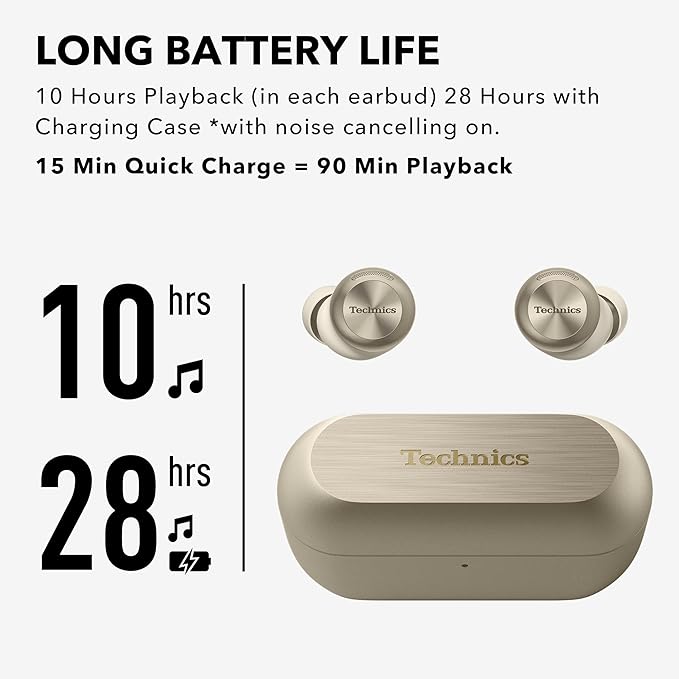 Technics Reference Class Hi-Fi Wireless Earbuds,Dolby Atmos with Head Tracking,Adaptive Noise Cancelling,3 Device Multipoint, 10-hr Battery,Wireless Charging,Improved Fit -EAH-AZ100-N (Champagne)