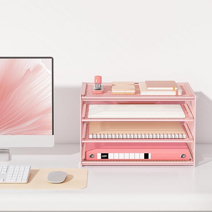 Lavatino 3-Tier Letter Tray Desk Organizer, Mesh Metal Paper File Tray Organizer for Desk, Office Supplies & Home Organization, Fits A4 Paper, Mail, Magazines & Office Accessories (Pink with Handle)