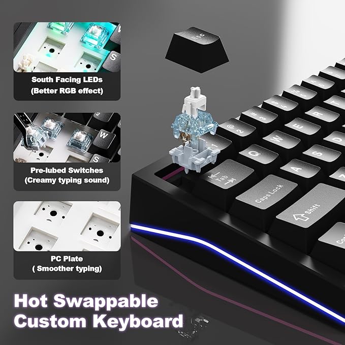 YUNZII AL65 Wireless Mechanical Keyboard, Full Aluminum CNC,Support QMK/VIA Software Gasket Structure,60% Hot Swappable with RGB Backlit BT/2.4G/USB-C for Mac/Windows(Black, Gateron Zero)