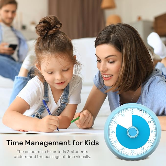 Visual Timer 60-Minute, Kids Timer for Homeschool Desk, Time Management Tools with Silent Operation, Timer for Kitchen Office Classroom (Blue)