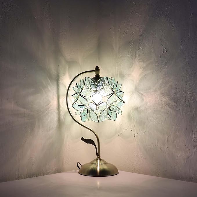Bieye L10960 Tiffany Style Stained Glass Flower Petal Table Lamp with Brass Base for Home Décor (Light Blue, 8" Rose Lily)