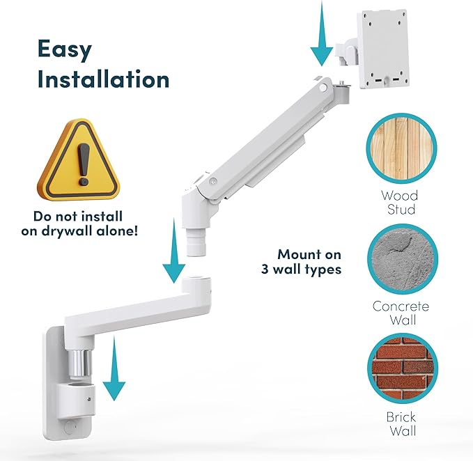 Monitor Wall Mount for 17-49 Inch Ultrawide Monitors, Single Monitor Arm Holds 4.4-44 lbs Screens, Adjustable Premium Aluminum Wall Mount with Max VESA 100x100 for Samsung Odyssey G9 and More, White