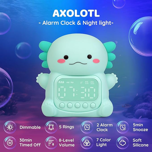 Axolotl Alarm Clock with Night Light for Kids, Rechargeable Silicone Lamp Time to Wake Clock Cute Animal Tabletop Lamp, Perfect Sleep Companion for Boys Girls, Green