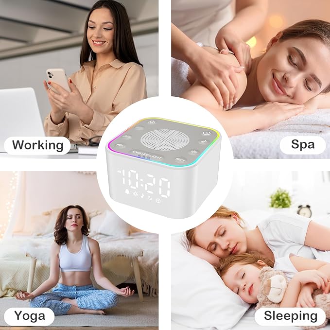 White Noise Sound Machine: 30 Non-Looping Sleep Sound Therapy for Adults - Noise Canceling for Bedroom, Adjustable Night Light & Timer, Built-in Alarm Clock