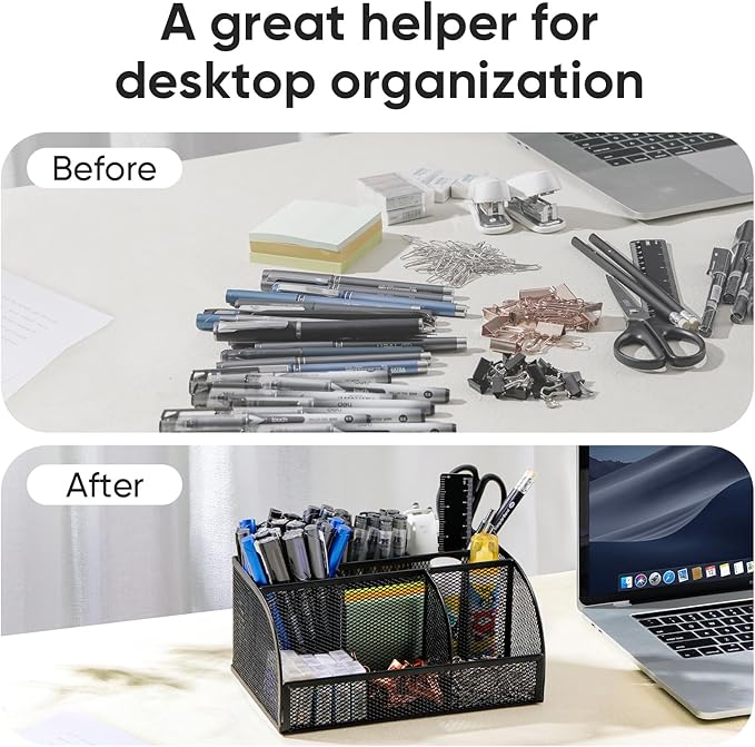Deli 7-Compartment Black Mesh Desk Organizer with Pen Holder, Office Desktop Organizer, Metal Stationary Caddy