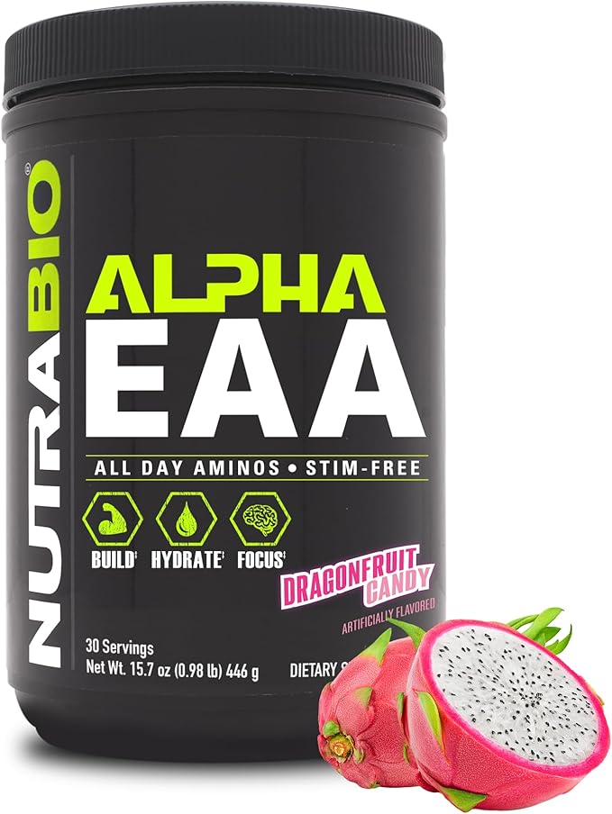 NutraBio Alpha EAA - All-Day Amino Acids for Muscle Growth and Hydration - Essential Amino Acids with Nootropics & Adaptogens- Full Spectrum EAA BCAA Powder - 30 Servings - Dragon Fruit
