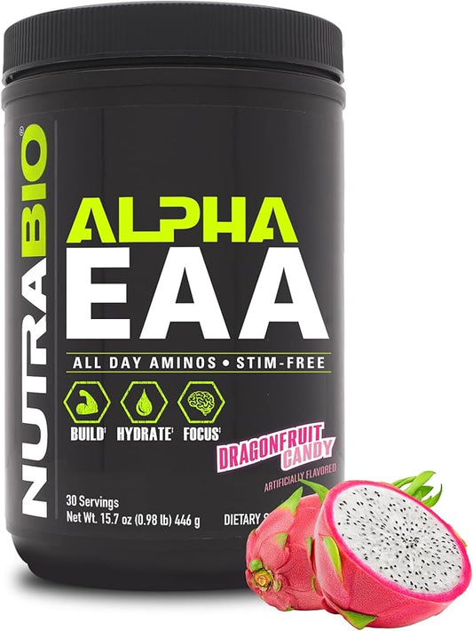 NutraBio Alpha EAA - All-Day Amino Acids for Muscle Growth and Hydration - Essential Amino Acids with Nootropics & Adaptogens- Full Spectrum EAA BCAA Powder - 30 Servings - Dragon Fruit