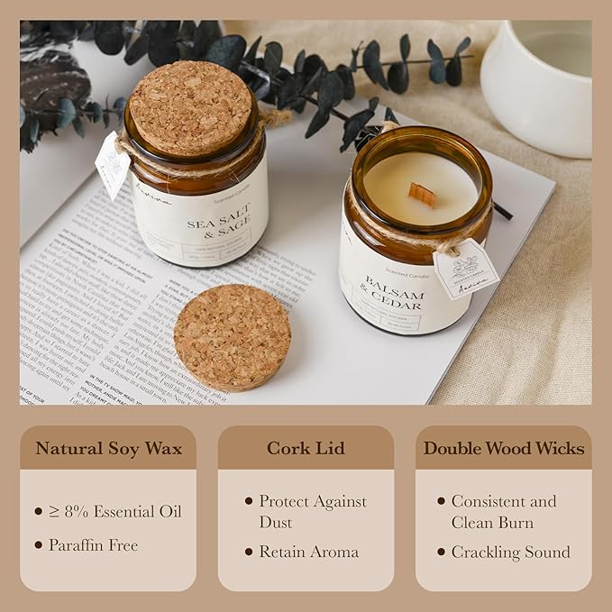 Scented Candle, 7.05 oz Sea Salt & Sage Aromatherapy Candle, Natural Soy Wax with Wooden Wick, Candles for Home Scented, Stress Relief Amber Jar Candle Gifts