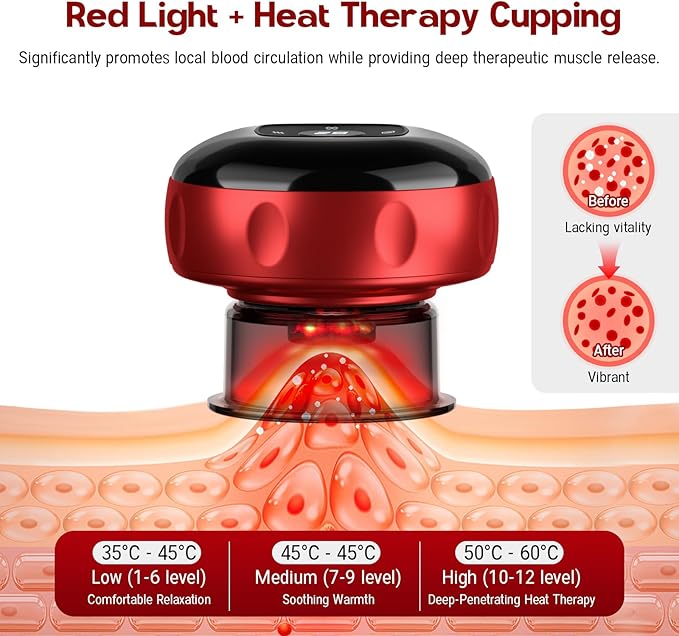 Smart Cupping Therapy Massager, 7 in 1 Red Light Cupping Therapy Set with 2 Modes for Targeted Pain Relief, Muscle Soreness,Tighter Skin,Cupping Kit with 12 Levels Suction and Heat,Red