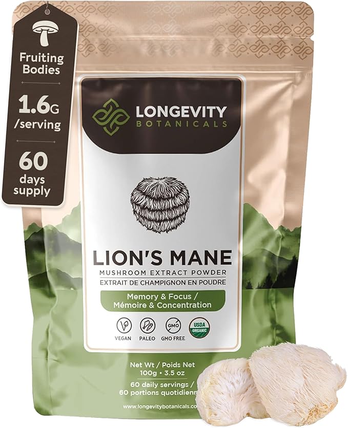 Longevity Botanicals Organic Lion’s Mane Mushroom Extract Powder 100g | Concentrated 8:1 Ratio | 100% Fruiting Bodies | Hericium Erinaceus Nootropic Supplement for Focus, Memory & Brain Support