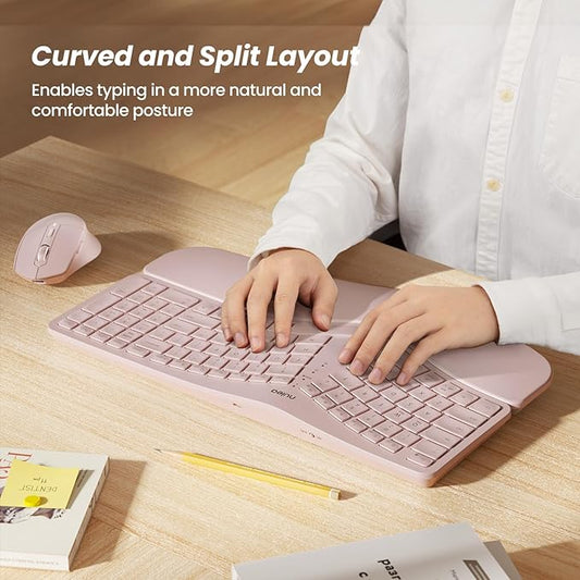 Nulea KM75 Wireless Keyboard and Mouse Combo, Comfortable Natural Typing, Palm Rest, Multi-Device (Bluetooth, 2.4G, Wired), Rechargeable, for Multi-OS, Windows, Mac, Android (Light Pink)