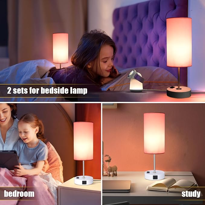 Table Lamp with USB Port - Desk Lamp Touch Lamp Bedside Lamps for Bedroom, 3 Way Dimmable Small Lamps for Living Room, Nightstand, Nursery, Dorm, Home, Office, White Base+ Pink Lampshade