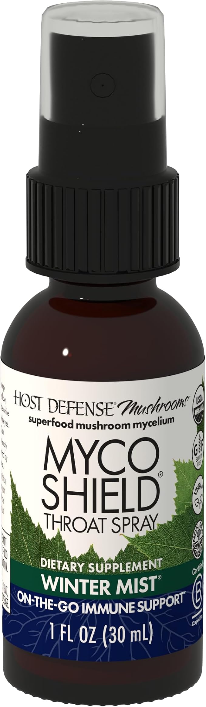 Host Defense MycoShield Throat Spray - Immune Health Support - Dietary Mushroom Supplement with Chaga, Reishi, Turkey Tail & More - On-The-Go Immune Support - Winter Mist, 1 fl oz (71 Servings)*