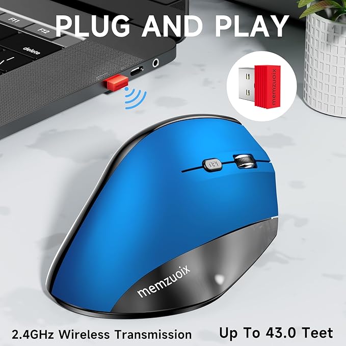 memzuoix Ergonomic Vertical Wireless Mouse - 2.4G Optical Cordless Mice with 3 DPI Levels (800/1200/1600) - Right-Handed Large Size Mouse for Laptop, Mac, PC, Desktop-Blue