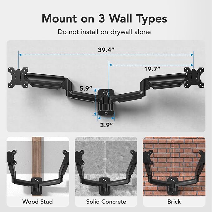 HUANUO Dual Monitor Wall Mount for 17-32 Inch Screens - Height-Adjustable Gas Spring Arms (Per Arm 4.4-17.6lbs) - VESA 75x75/100x100 - Tilt, Swivel, Rotation - Home Office & Workspace Desk Setup
