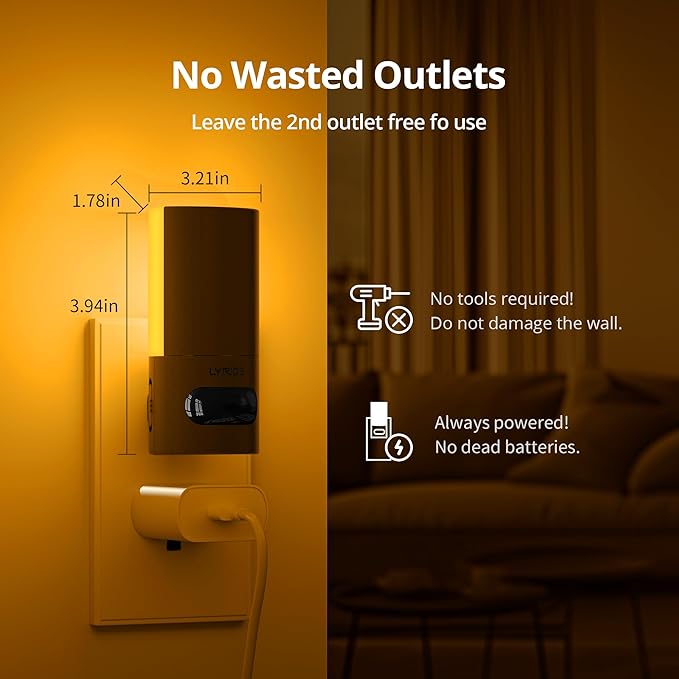 Lyridz Plug-in LED Amber Night Light with Motion Sensor, Rotatable, Dimmable Backlit Nightlight, 1-150lm Adjustable Brightness for Bathroom, Bedroom, Hallway, Stairs, 2 Pack