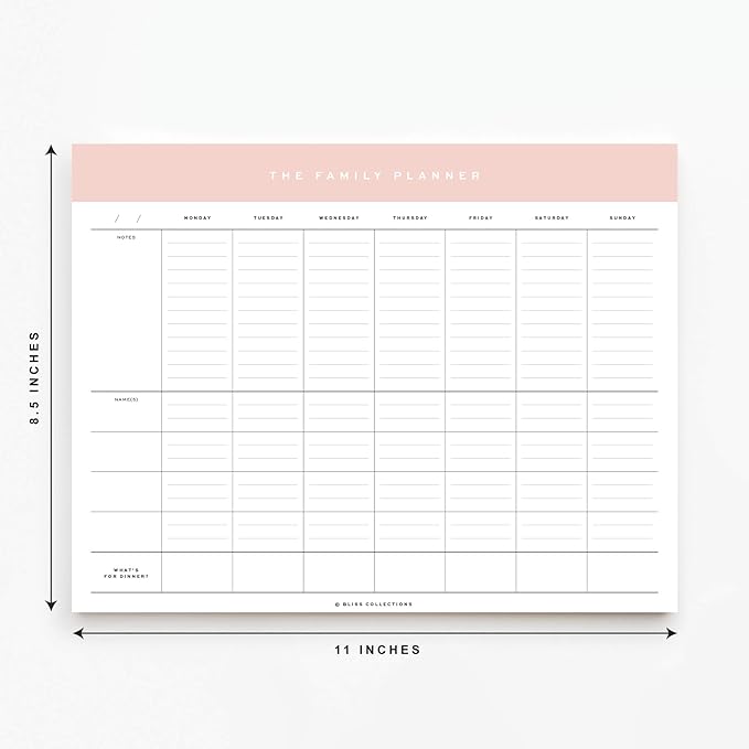 Bliss Collections Family Planner with 50 Undated 8.5 x 11 Tear-Off Sheets - Simple Pink Daily and Weekly Calendar for Planning and Organizing Family Activities, Appointments, Tasks, Chores and Meals