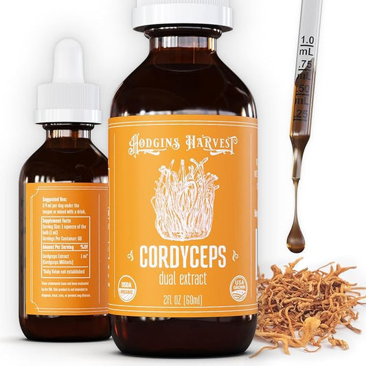 Hodgins Harvest Organic Cordyceps Mushroom Fruiting Body Extract Tincture - Extra Concentrated Dual Extract Supplement - Mushrooms for Energy Support - USDA Certified Organic - 2 fl oz