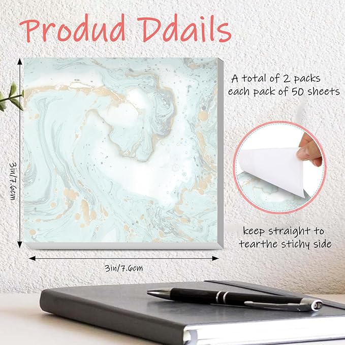 Sticky Notes 3x3 Inches, 2 Pads Cute Colorful Self-Stick Note Pads, Easy to Post for Home, Office and Daily Life Organization Cute Green Gold Marble