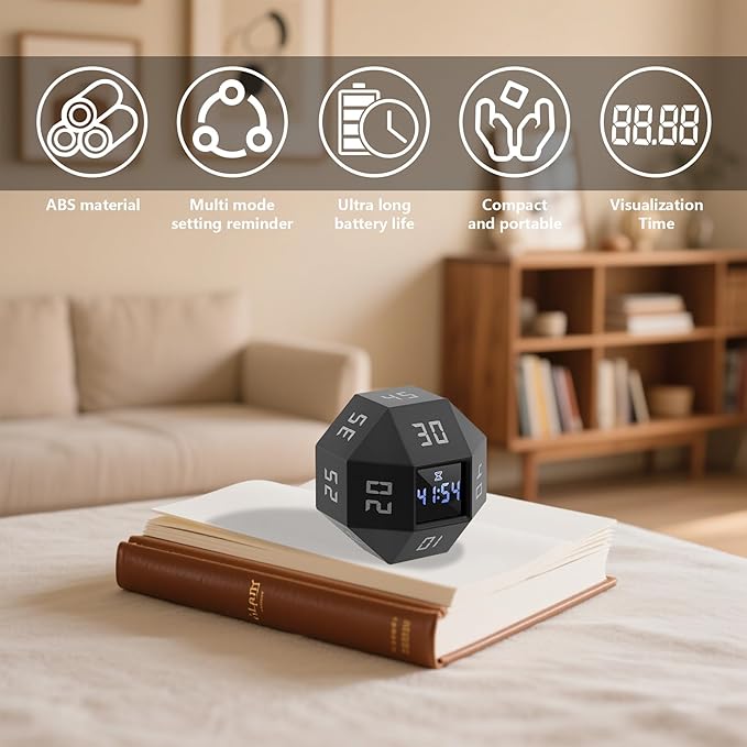 Mini 12-Sided Cube Timer with preset countdowns of 1-3-5-10-15-20-25-30-45-60-90 Minutes, a Rechargeable time Management Efficiency Tool Suitable for ADHD Management, Study and Cooking (Black)