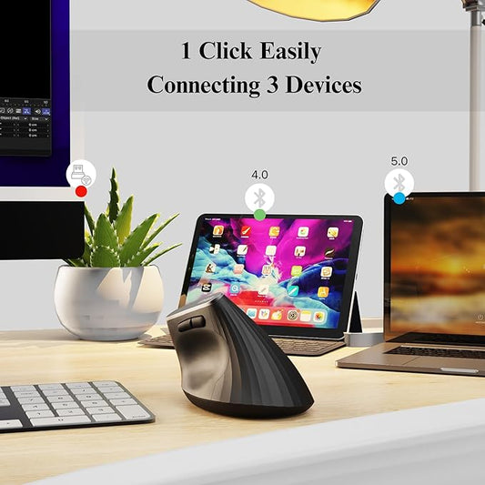 Ergonomic Wireless Mouse,Bluetooth Vertical Mouse with BT5.0/4.0/2.4G, Rechargeable with Battery Indicator,Ergonomic Design for Comfort and Reduced Wrist Strain for Home,Office Use,Black