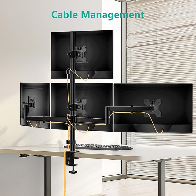 WALI Quad Monitor Mount for 13-27 Inch Screens, Fully Adjustable 4 Monitor Stand with Swivel, Tilt, Rotation, Clamp & Grommet Base Kit, Max Load 22lbs per Screen (M004S), Black