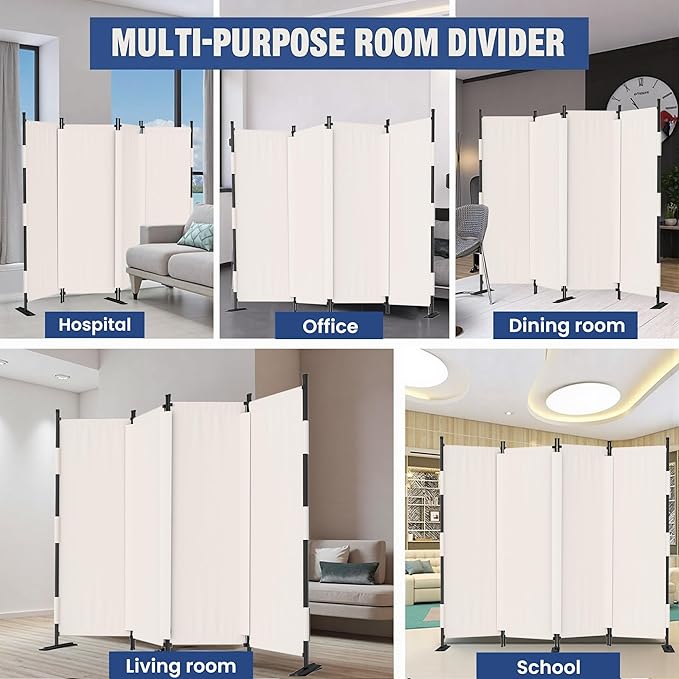 Room Divider, 4 Panel Upgraded Folding Privacy Screen, 88” Highly Secretive Separation with 3 Metal Feet, Partition Screen, Lightweight Freestanding Wall Divider Bedroom (White)