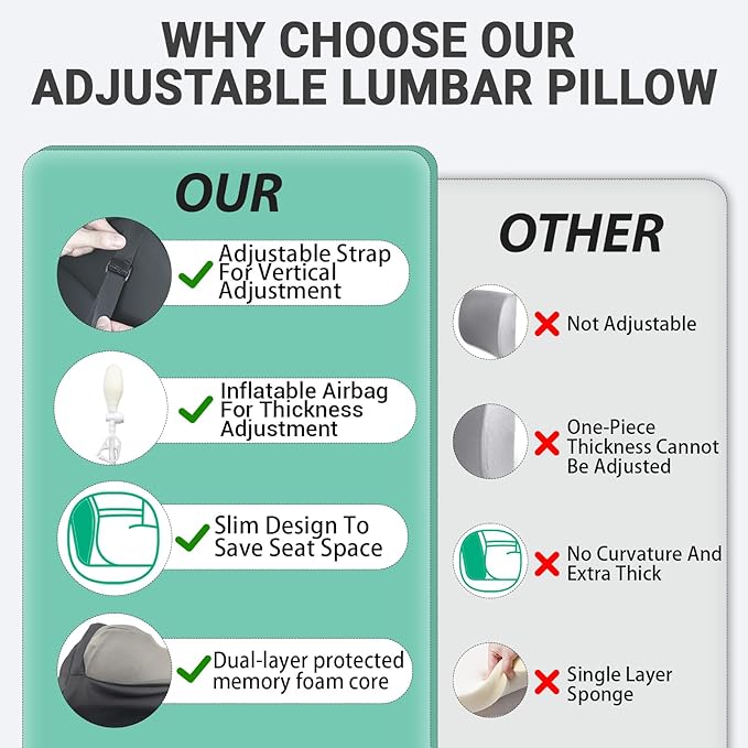 GOLDORANGE Adjustable Lumbar Support Pillow for Car with Air Pump, Ergonomic Memory Foam Back Cushion with Straps for Back Pain Relief and Posture Improved Lumbar Cushion for Vehicles Office Chair