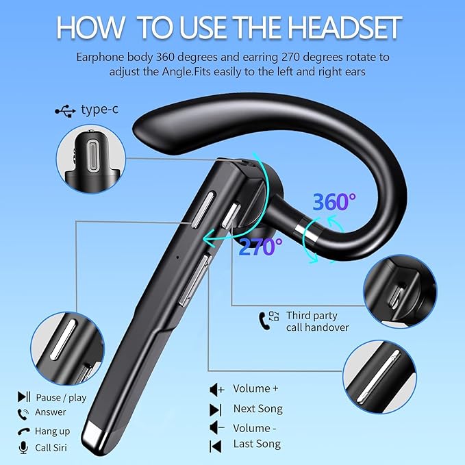 Bluetooth Headset for Cell Phones 500Hrs Standby Time with LED Charging Case 270 Degrees Rotatable Mic Hands Free Bluetooth 5.4 Version (Ivory Black)