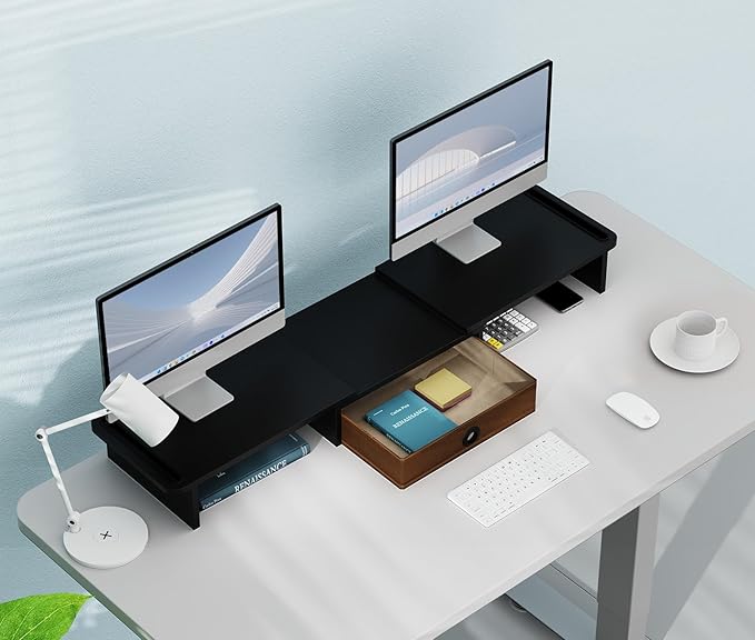 Dual Monitor Stand Riser with Drawer-Adjustable Length and Angle, Monitor Stand Riser for 2 Monitors, Desktop Organizer Stand for Computer/Laptop/PC/Printer (Black)