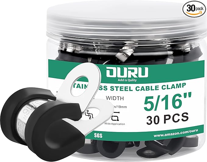 30pcs 5/16 Inch Stainless Steel Cable Clamps,Rubber Coated Cushioned Insulated Cable Clamp,Automotive Cable Wire Clamps,Pipe Clamps,Metal Clamp for Tube,Lines,Wire Cord Installation(Black,8mm)