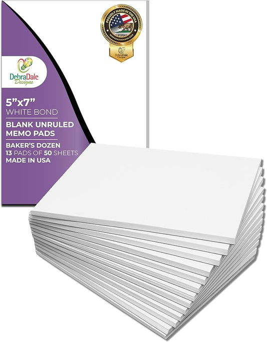 MADE IN USA – Debra Dale Designs 5"x7" White Note Pads – 13 Unruled Memo Pads for Professionals – Notepads for Work & Home Use