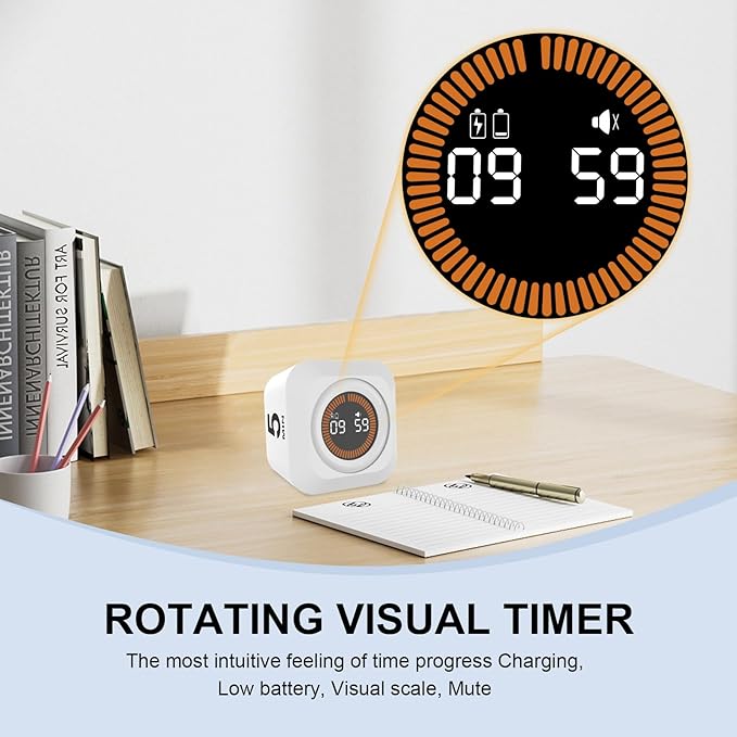 Rotating Cube Visual Timer 5, 25, 10, 50 Min Preset + Custom Countdown, Rechargeable Desk Productivity Flip Timer w/Silicone Case, Silent Mode, Ideal for ADHD Tool Study Work School (White)