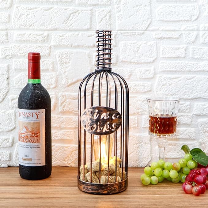 JHY DESIGN Decorative Table Lamp Battery Powered 13.5”H Cordless Metal Wine Cork Holder Lamp with 6-Hour Timer for Tabletop Home Patio Dining Room Living Room(Black Brushed Gold)