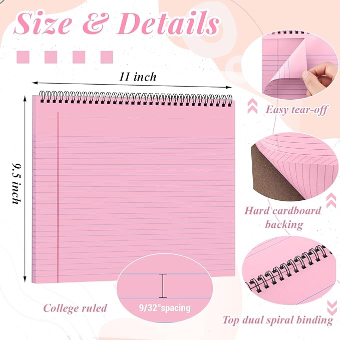 4 Pcs Legal Pads Landscape Notebooks 3 Hole Punched Top Spiral Bound Notebooks 11 x 9. 5 Inch College Ruled Drawing Notepad Tear Line for Removal 50 Sheet Office Steno Book(Pink)