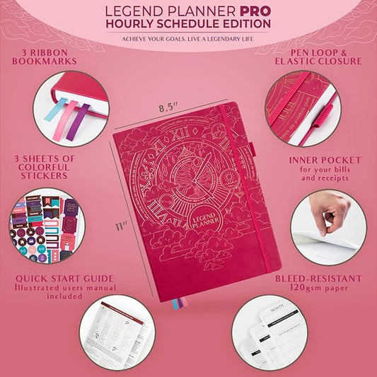 Legend Planner PRO Hourly Schedule - Weekly & Daily Organizer with Time Slots. Appointment Book Journal for Work & Personal, A4 (Hot Pink)