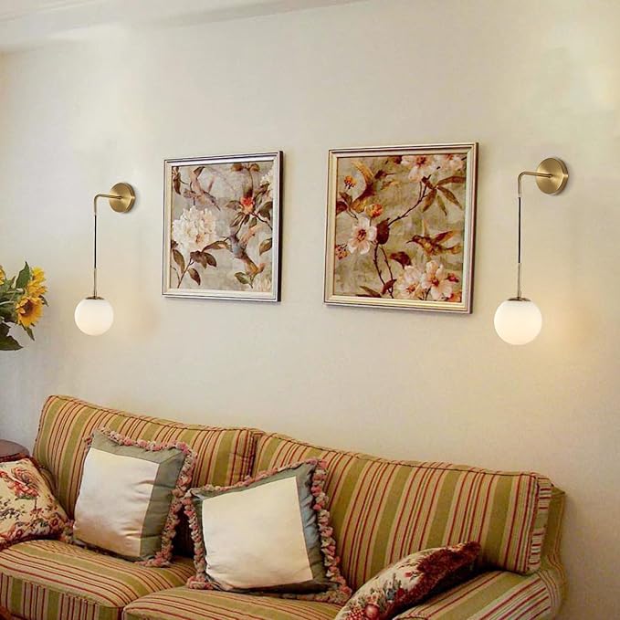 BOKT Frosted White Glass Wall Sconce Mid Century Modern Globe Ball Wall Light Brushed Brass Gold Adjustable Wall Sconce Lighting Industrial Vanity Bathroom Wall Lamp (Gold+White)