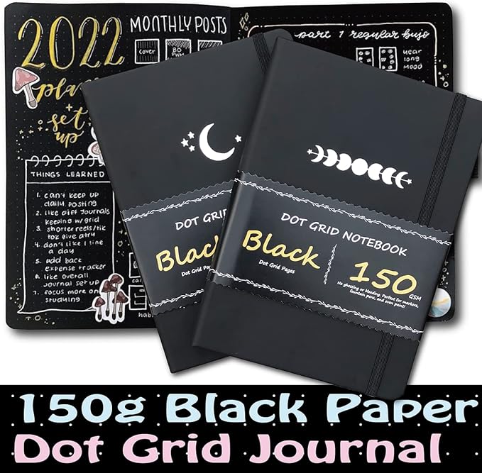 BUKE Dotted Journal - Dot Grid Notebook - 150gsm No Bleed Black Paper - 160 Black Pages - For Women and Men - A5 PU Leather Hardcover 5.75" x 8.5" and Gift Box MOON Stars(BKB-4)