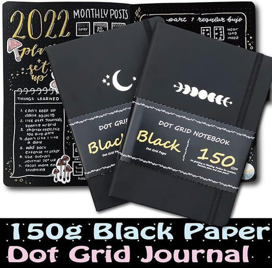 BUKE Dotted Journal - Dot Grid Notebook - 150gsm No Bleed Black Paper - 160 Black Pages - For Women and Men - A5 PU Leather Hardcover 5.75" x 8.5" and Gift Box MOON Stars(BKB-4)