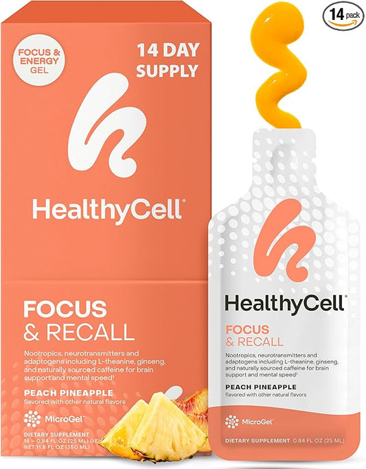 Healthycell Focus & Recall, Daily Liquid Brain Supplement for Focus & Memory - Nootropics Supplement for Concentration & Alertness with L-Theanine, Omega-3 & Taurine - 14 Gel Packs