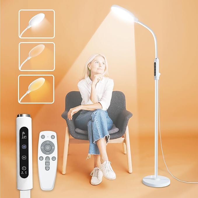 PRIMETEK Happy Light 10000 Lux Mood Lamp, Dual Control Remote,Touch Screen Sad Lamp, Adjustable LED Floor Lamp, UV-Free Sun Light, 5 Color Temperatures 10 Brightness Levels Happy Lights (White)