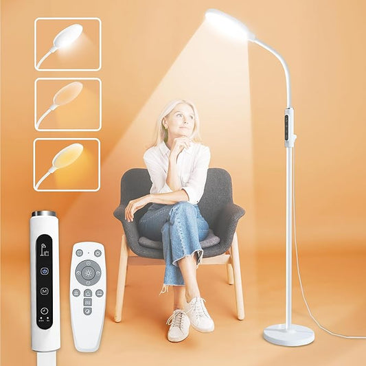 PRIMETEK Happy Light 10000 Lux Mood Lamp, Dual Control Remote,Touch Screen Sad Lamp, Adjustable LED Floor Lamp, UV-Free Sun Light, 5 Color Temperatures 10 Brightness Levels Happy Lights (White)