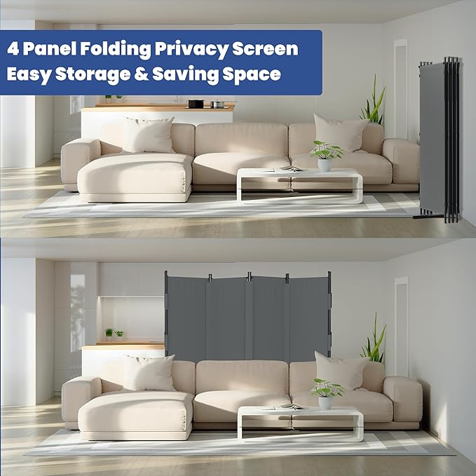 Room Divider, 4 Panel Upgraded Folding Privacy Screen, 88” Highly Secretive Separation with 3 Metal Feet, Partition Screen, Lightweight Freestanding Wall Divider Bedroom (Grey)