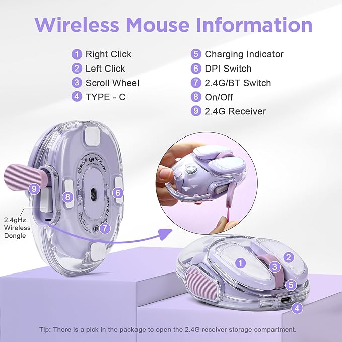 Q9 Chargeable Portable Silent 2.4GHz/Bluetooth Dual Mode Wireless Mouse, 4 Adjustable DPI,4800 DPI Optical Tracking Mouse with RGB Lighting, Compatible Win/Mac/Android/iOS(Purple)