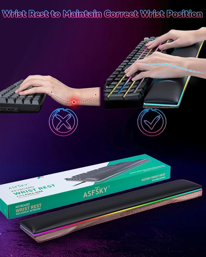 Keyboard Wrist Rest with Leather Covered Memory Foam on Wood Base Ergonomic Non-Slip Comfortable and Durable Perfect Match for Mechanical Keyboards (RGB)